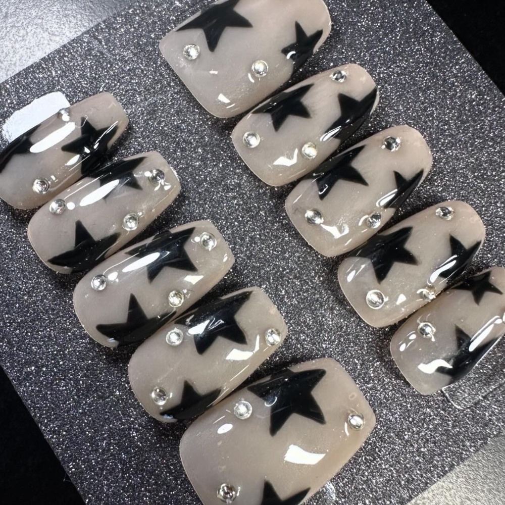 Medium coffin with black stars and gems handmade press on nails
